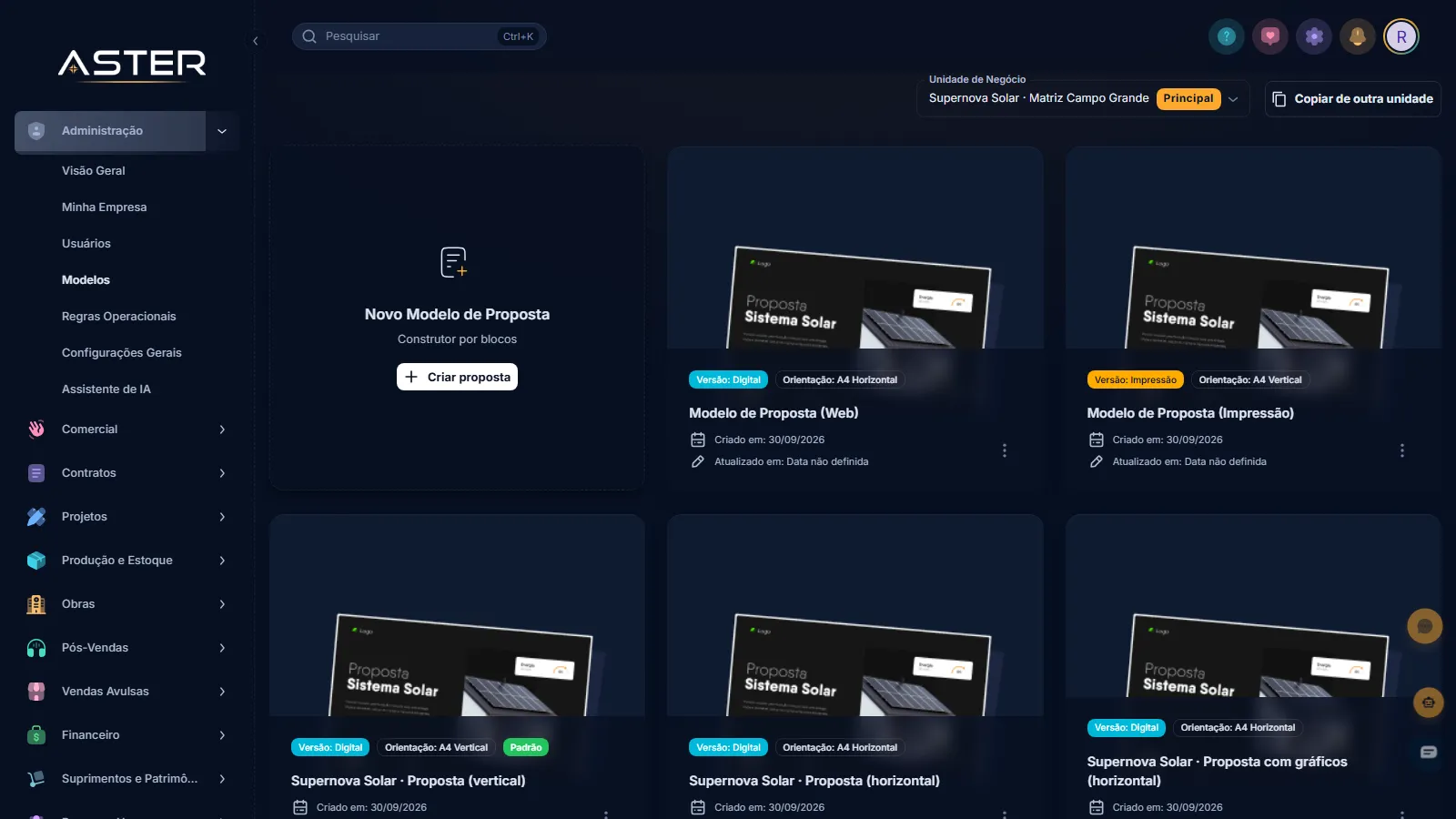 Tela real do Aster, com dados de uma empresa fictícia