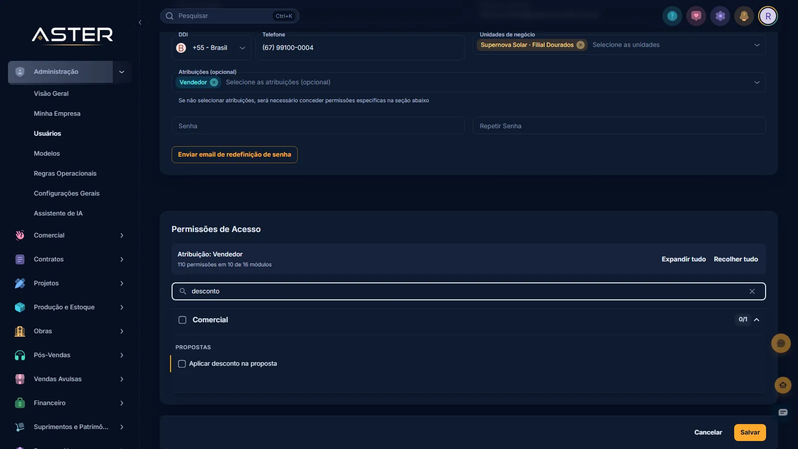 Tela do Aster: árvore de permissões filtrada por "desconto"