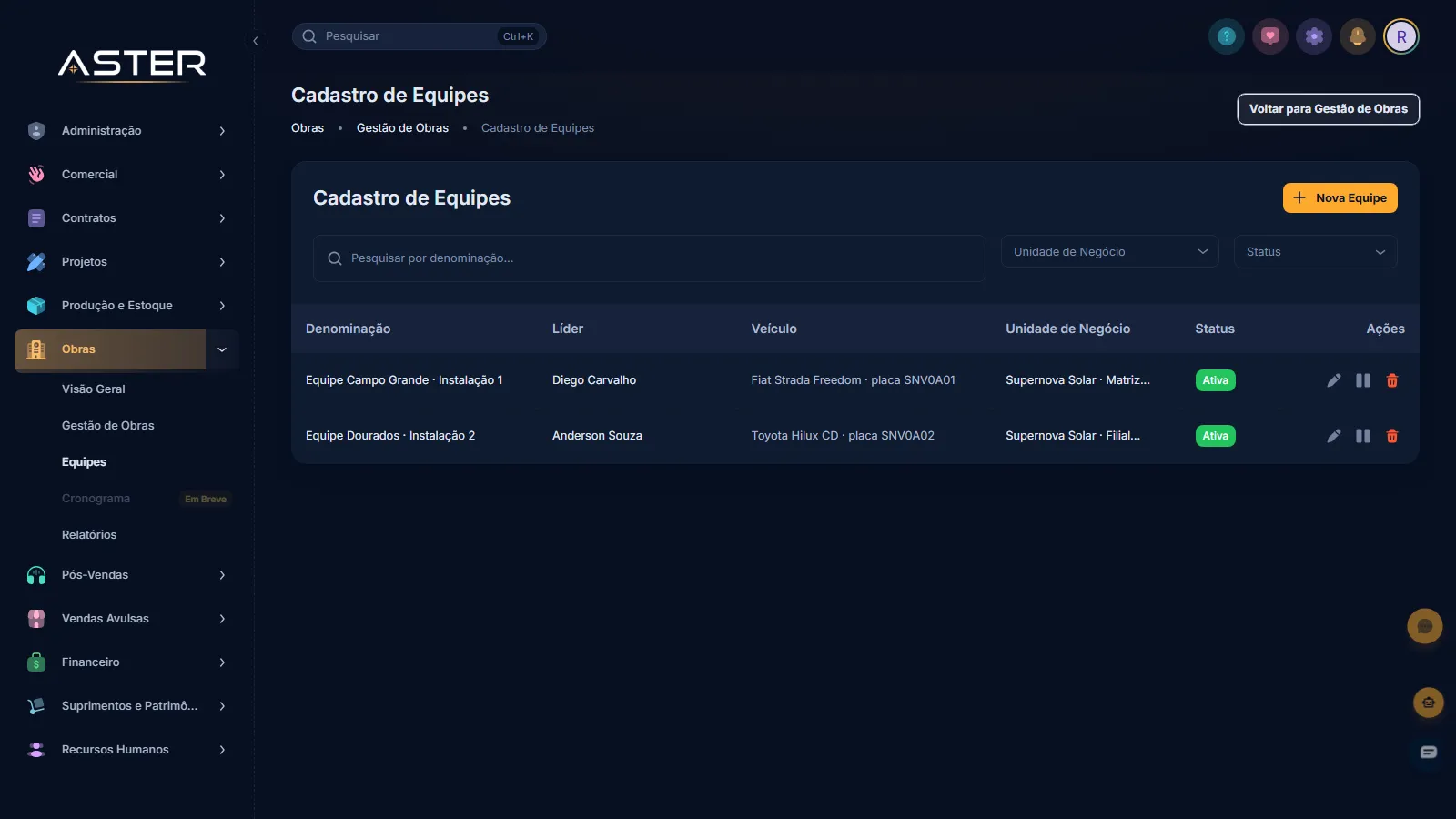 Tela do Aster: Cadastro de Equipes com duas equipes