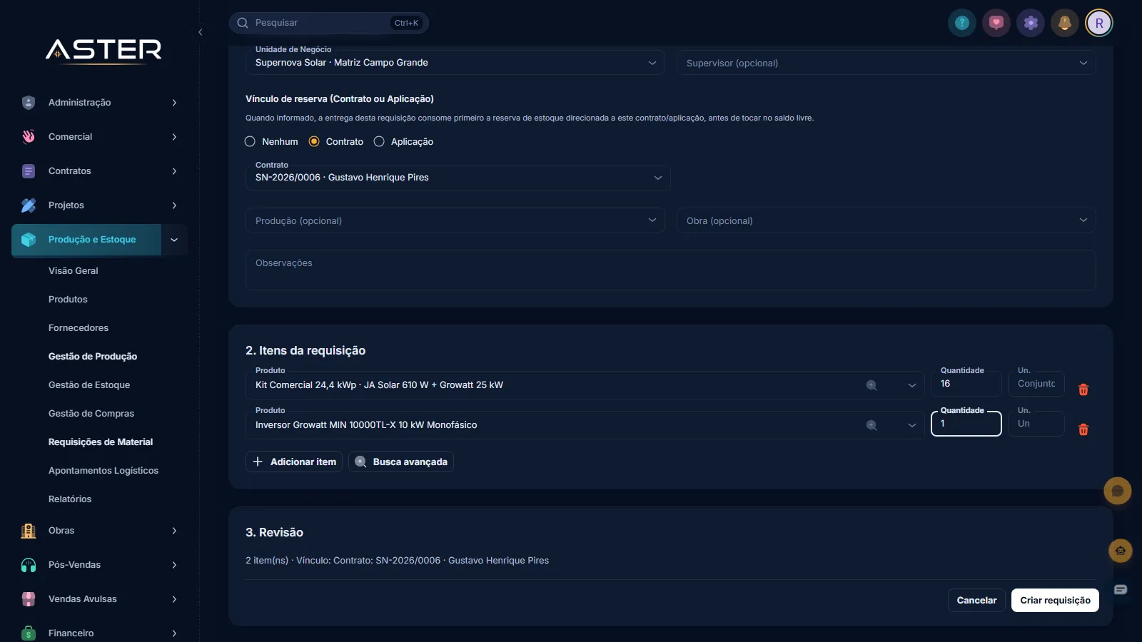 Tela do Aster: seção 2 com dois itens adicionados